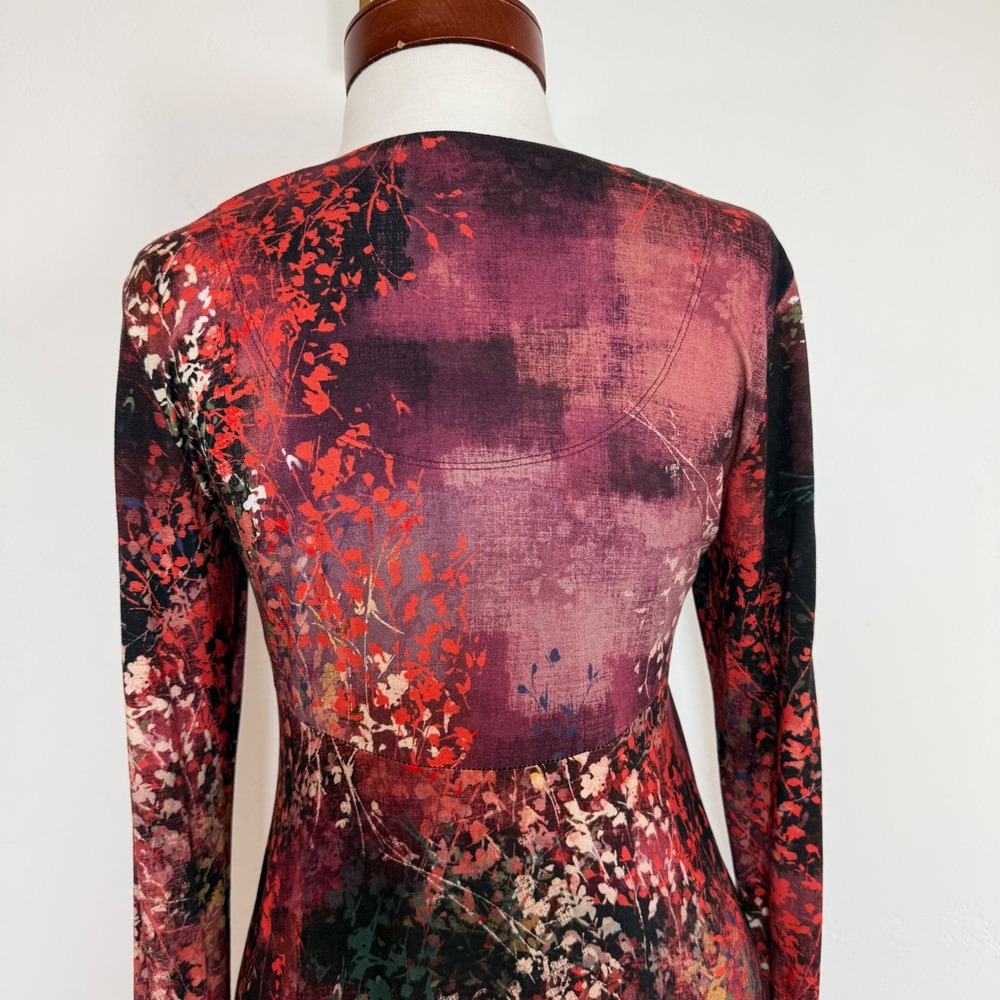 Peruvian Connection Floral Print Tunic Dress Burgundy Small Boho Art To Wear - Picture 8 of 13